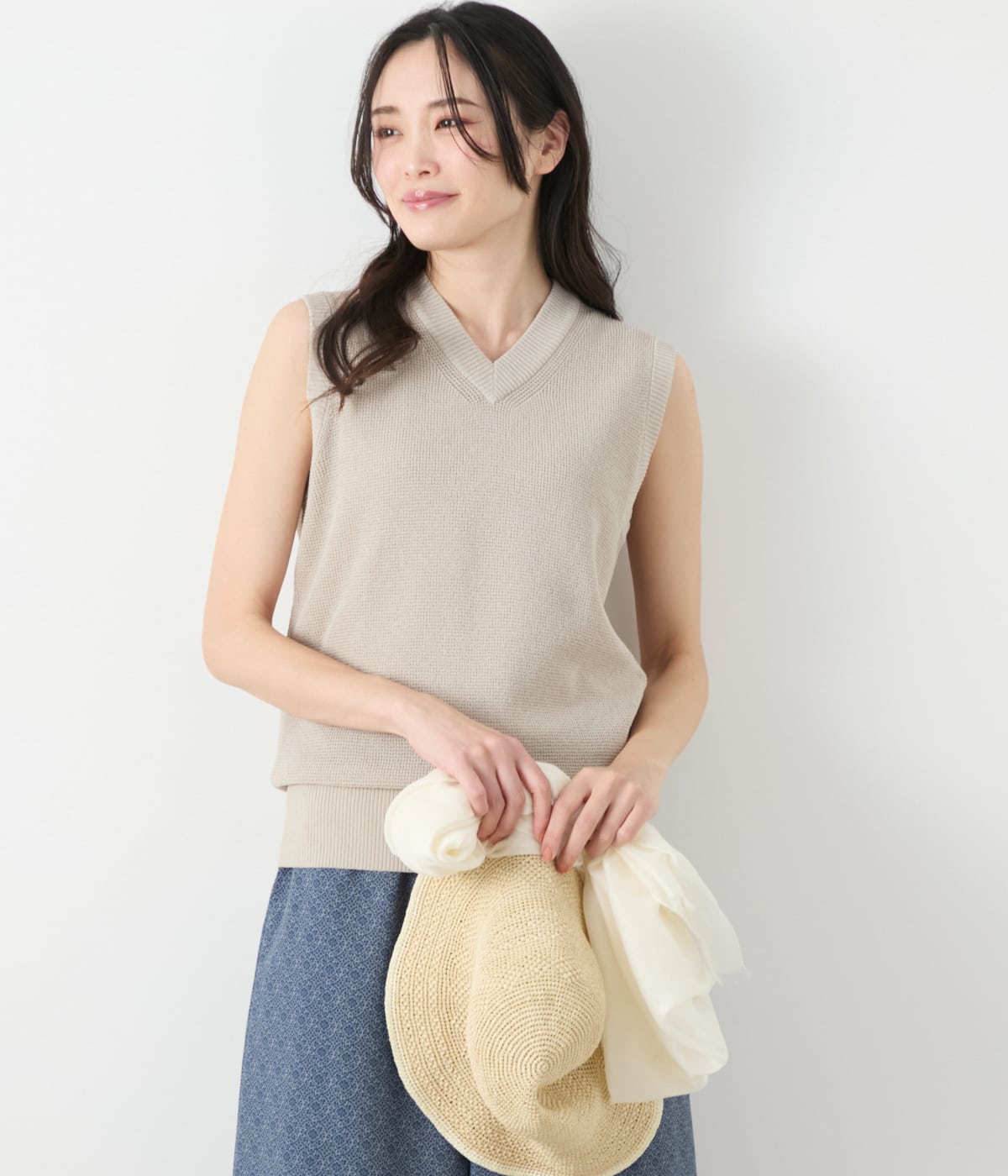 リネンライクワッフル Vネックノースリーブプルオーバー(51725660-2025