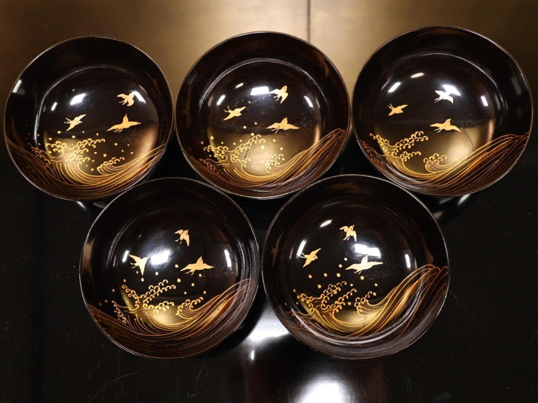 BK507 時代輪島塗 波千鳥金蒔絵 吸物椀 五客 木製 茶道具 懐石 菓子