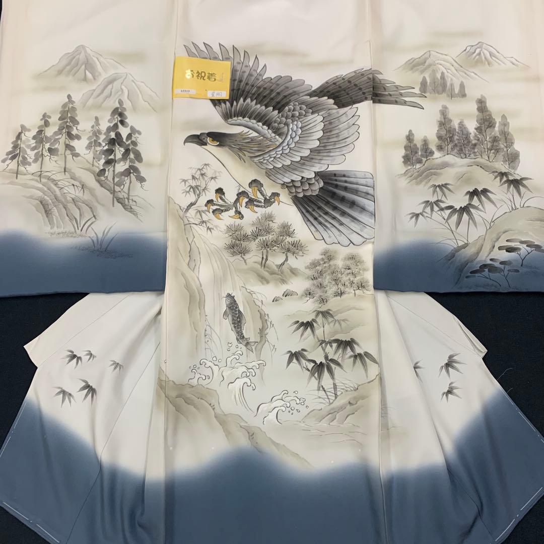 最高級新品正絹産着（祝着）京友禅裾ボカシ染手描き美術、特撰大鷹祝い鯉の滝登り文 最高級新品正絹産着（祝着）京友禅裾ボカシ染手描き美術、特撰大鷹祝い